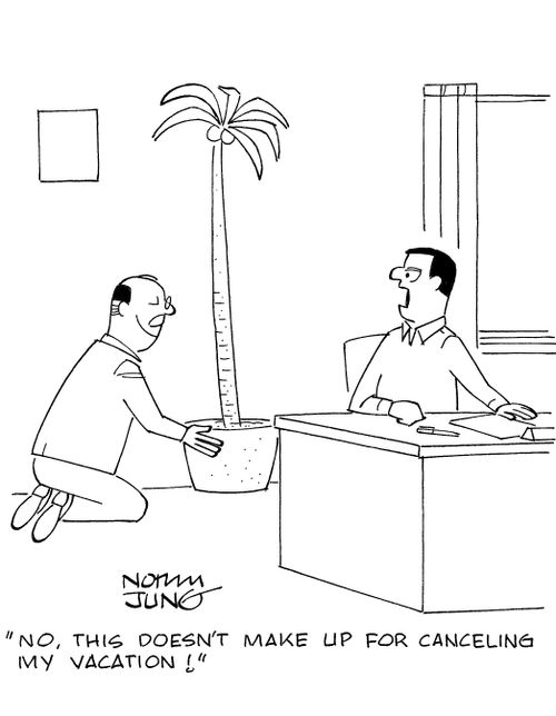 'No, this doesn't make up for canceling my vacation!'