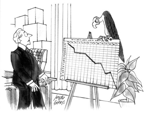 Vulture sitting on company profits graph.