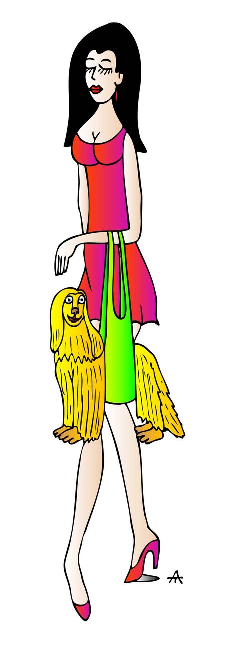 A woman holds a sling which has her dog in it.