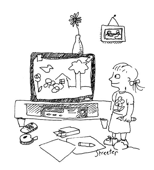 Child placing crayon drawing over TV screen