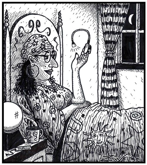 A Palm reader reading her palm with the aid of a battery powered night light