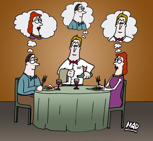 A man, a woman and a waiter are all fantasising about each other on a dinner date.