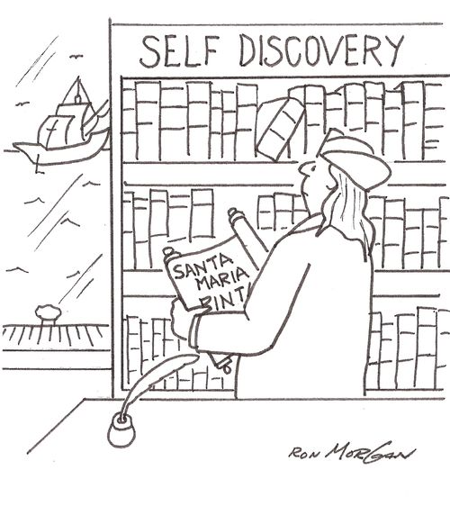 Christopher Columbus is looking at book shelf with books about self discovery.