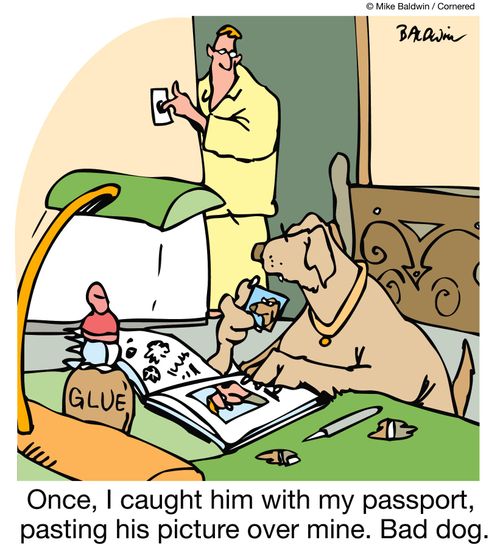 Once, I caught him with my passport, pasting his picture over mine. Bad dog.