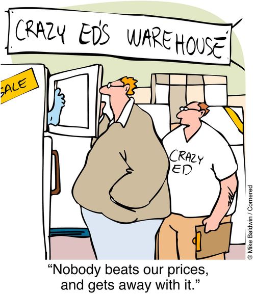 Crazy Ed's Warehouse - body in freezer - "Nobody beats our prices and gets away with it."