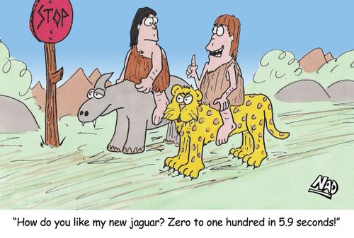 Two cavemen at a stop sign, one sitting on a dinosaur and the other on a jaguar - 'How do you like my new jaguar? Zero to one hundred in 5.9 seconds!'