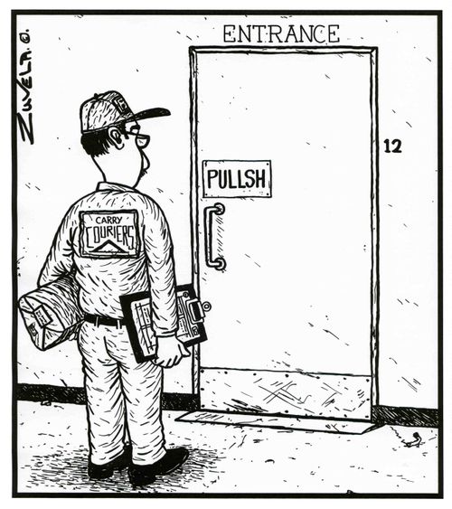 Door with sign saying 'Pullsh'.