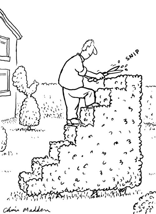 Gardener clipping topiary stairs