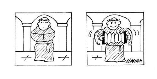 Monk with accordion hidden in his robes.