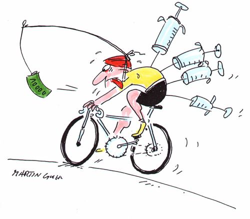 Professional cyclist exhausted with syringes sticking out of him chasing money dangled infront of him