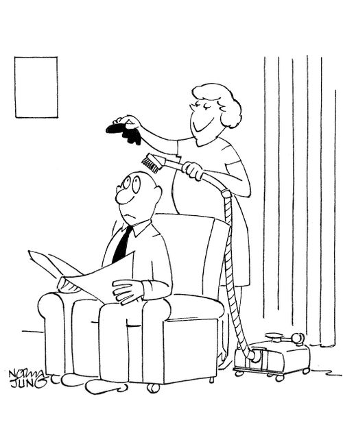 Wife lifts husband's toupee to clean his head.
