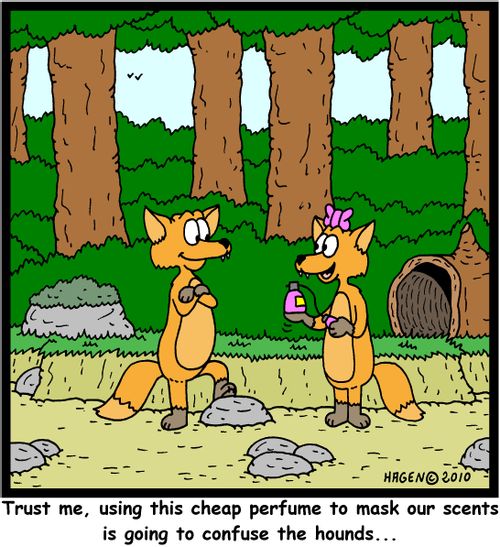 'Trust me, using this cheap perfume to mask our scents is going to confuse the hounds...'