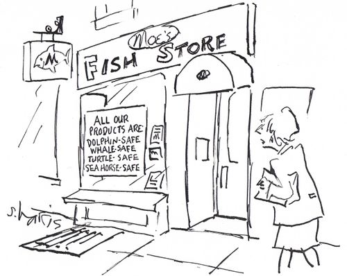 'Fish store' 'All our products are dolphin-safe, whale-safe, turtle-safe, seahorse-safe.'
