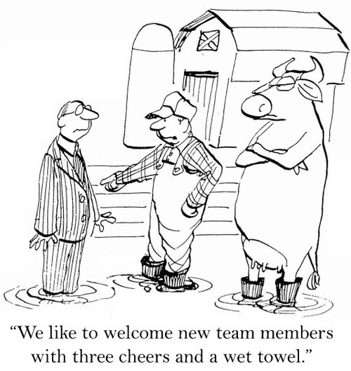 'We like to welcome new team members with three cheers and a wet towel.'