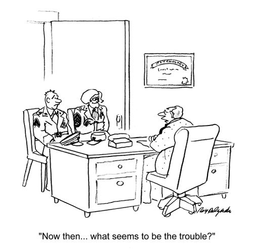 'Now then... what seems to be the trouble?'