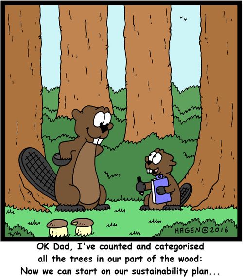 "OK Dad, I've counted and categorised all the trees in our part of the wood: Now we can start on our sustainability plan..."