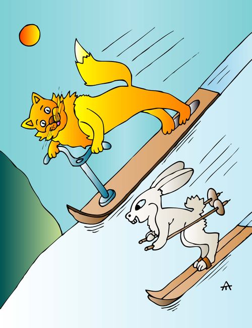 A cat and rabbit race down a ski slope.