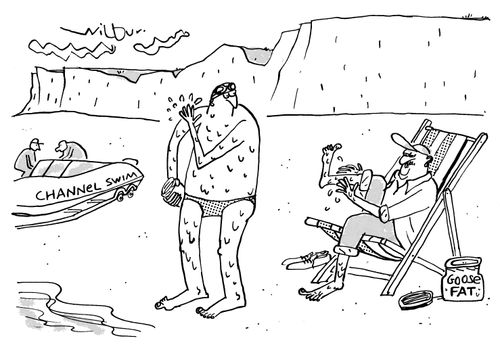 Man preparing to swim the channel covers himself in goose fat and notices that a man preparing to paddle is doing the same.