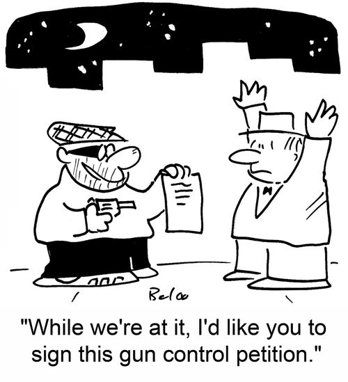 'While we're at it, I'd like you to sign this gun control petition.'