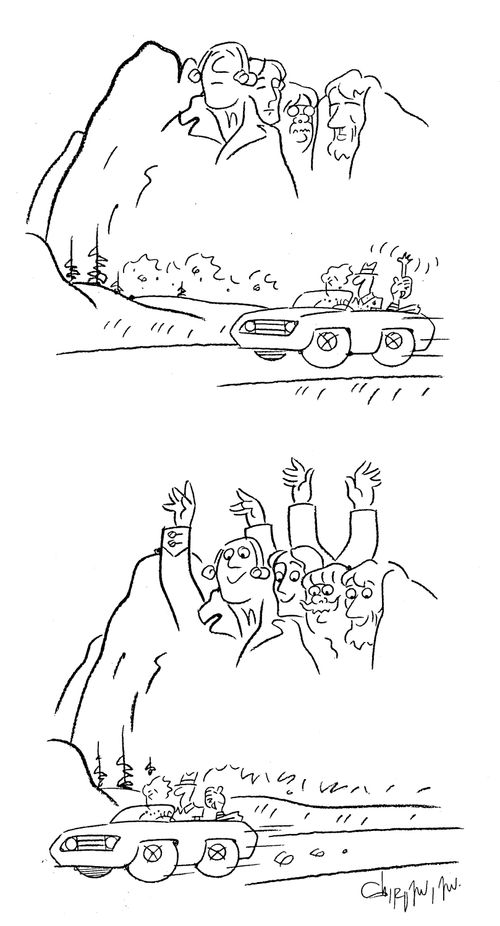 Mount Rushmore waves back to tourists.