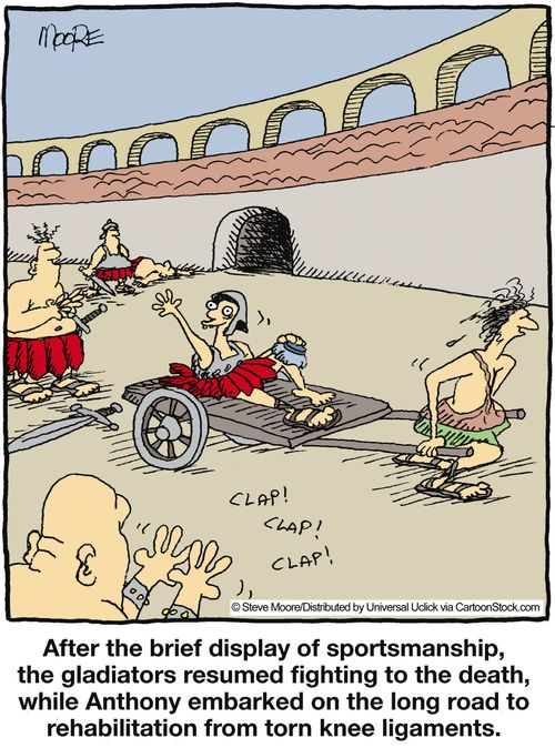 After the brief display of sportsmanship, the gladiators resumed fighting to the death, while Anthony embarked on the long road to rehabilitation from torn knee ligaments.