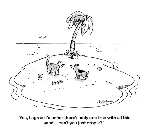 'Yes, I agree it's unfair there's only one tree with all this sand... can't you just drop it?'