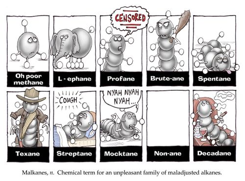Chemical term for an unpleasant family of maladjusted alkanes.