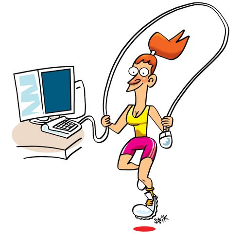 Lady keeping fit by skipping with her mouse chord.