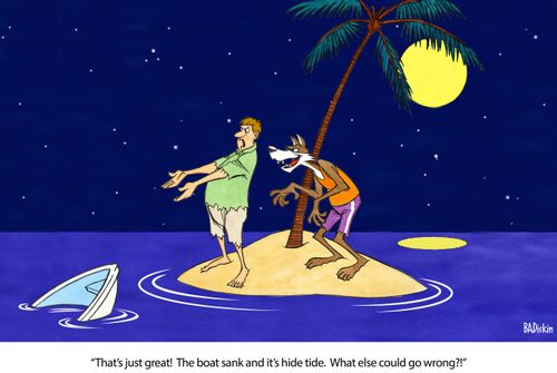 "That's just great! The boat sank and it's hide tide. What else could go wrong?!"