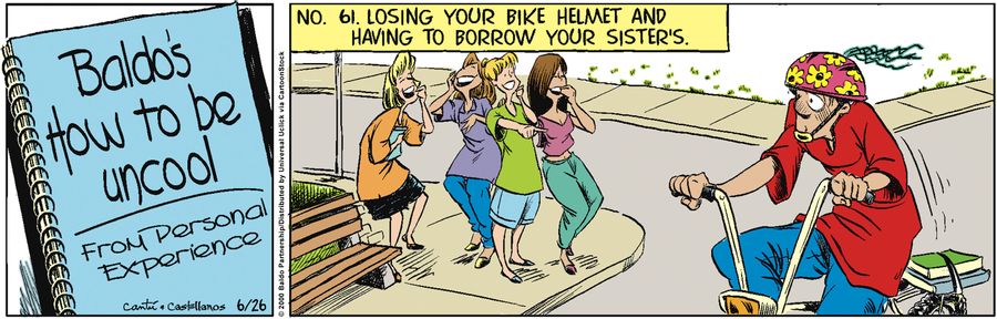 Baldo's How to be Uncool: No. 61. Losing your bike helmet and having to borrow your sister's."