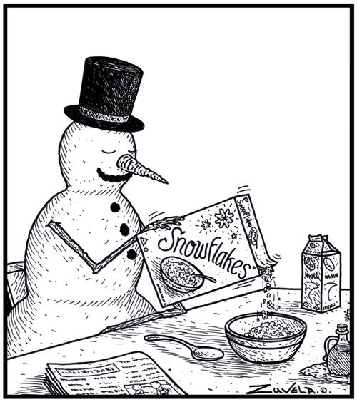 A Snowman about to have some Snowflakes breakfast cereal