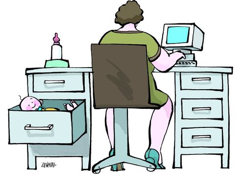 Office worker with baby in drawer.