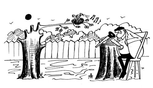 Lumberjack leaves the branch with a bird nest on it because he enjoys the birdsong.