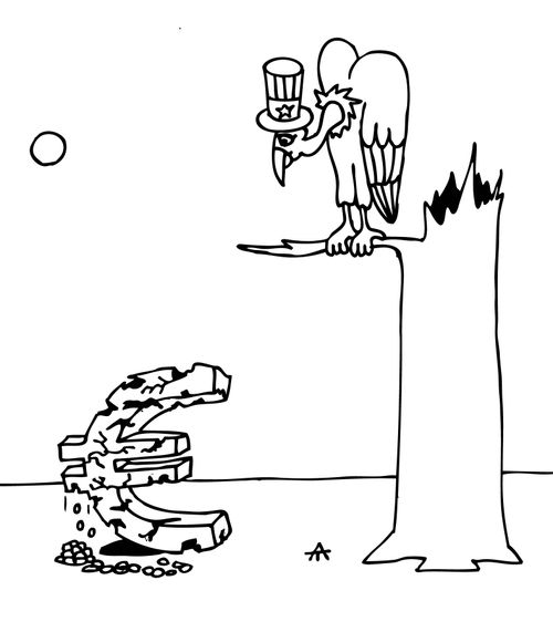 American bird watches the crumbing euro.