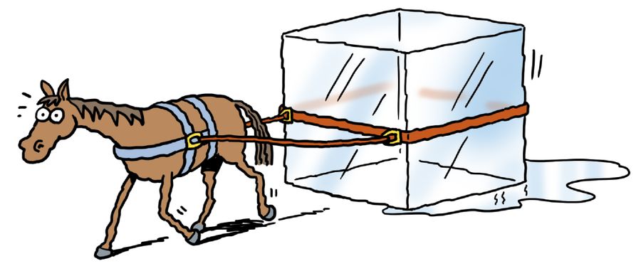 A horse drags a huge ice cube.