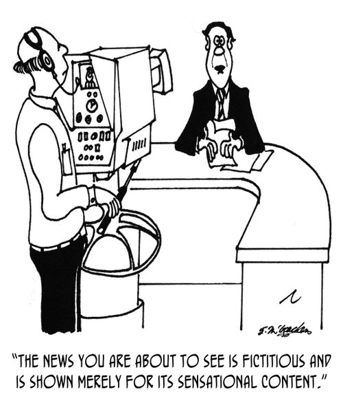 "The news you are about to see is fictitious and is shown merely for its sensational content."
