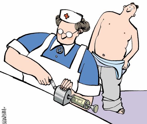 Nurse sharpening a needle before an injection.