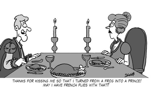 'Thanks for kissing me so that I turned from a frog into a prince! May I have French flies with that?'