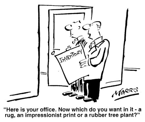 Here is your office. Now which do you want in it - a rug, a...print, or a ... plant?
