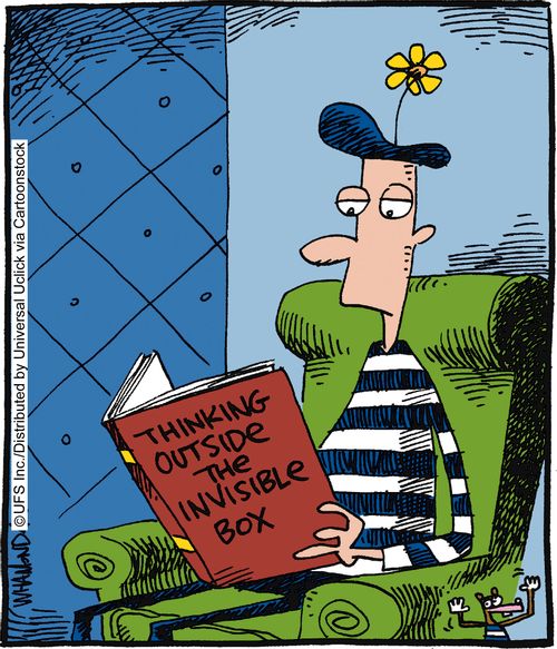Mime artist reading: 'Thinking Outside the Invisible Box.'