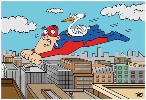Bird gets a lift from surprised superhero!
