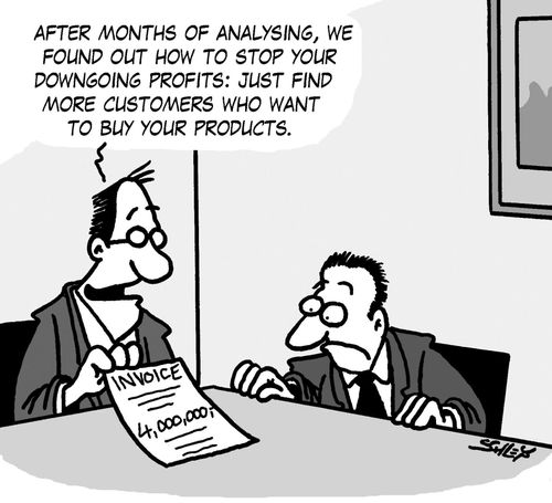 'After months of analysing, we found out how to stop your downgoing profits: just find more customers who want to buy your products.'