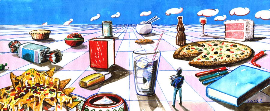 Empty landscape containing food and stationery.