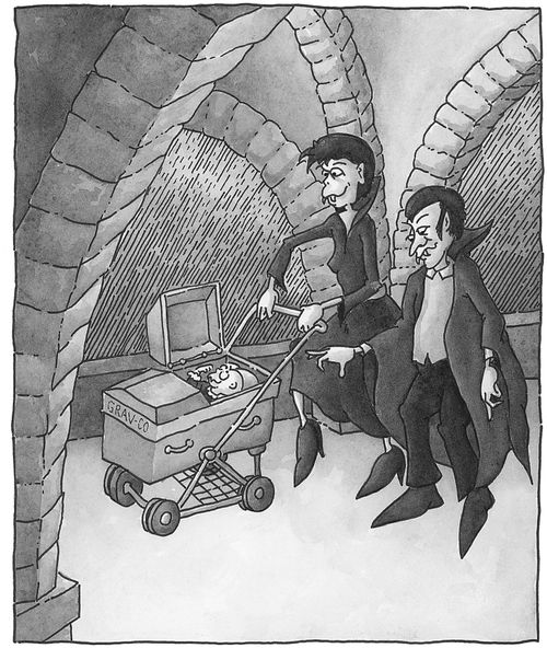 Vampire baby in 'Grav-co' stroller.