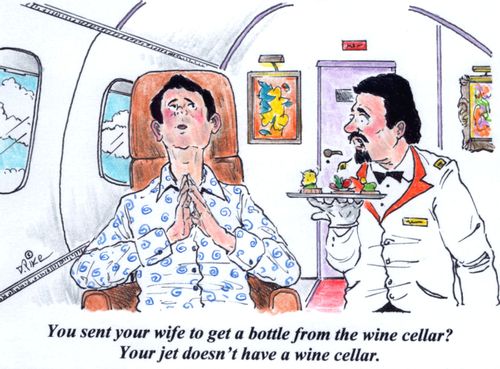 'You sent your wife to get a bottle of wine from the wine cellar? Your jet doesn't have a wine cellar.'