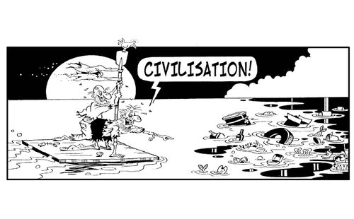 'Civilisation!' (pointing to rubbish floating in the sea).