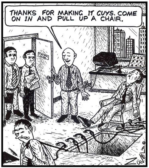 'Thanks for making it guys. Come on in and pull up a chair.' A square hole in an office floor where chairs can be pulled up from
