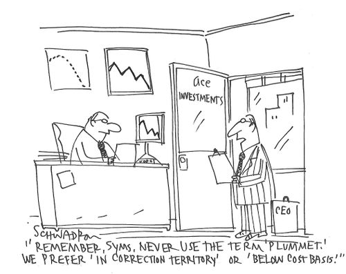 "Remember, Syms, never use the term 'Plummet.' We prefer 'in correction territory' or 'below cost basis'."