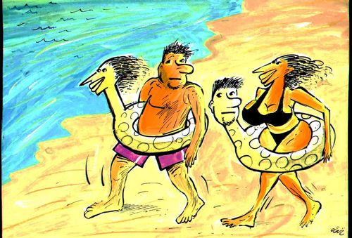 Two people going towards the sea,wearing rubber rings with each others faces on.