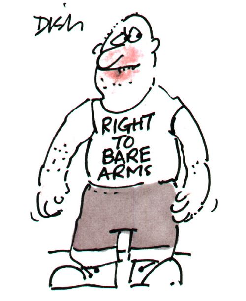 Skin head with sleeveless t-shirt stating 'Right to bare arms'